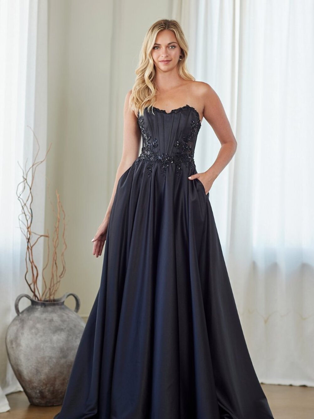 New Black Strapless Elegant Formal Long Ball Dress w/ Corset Bodice AC 7093